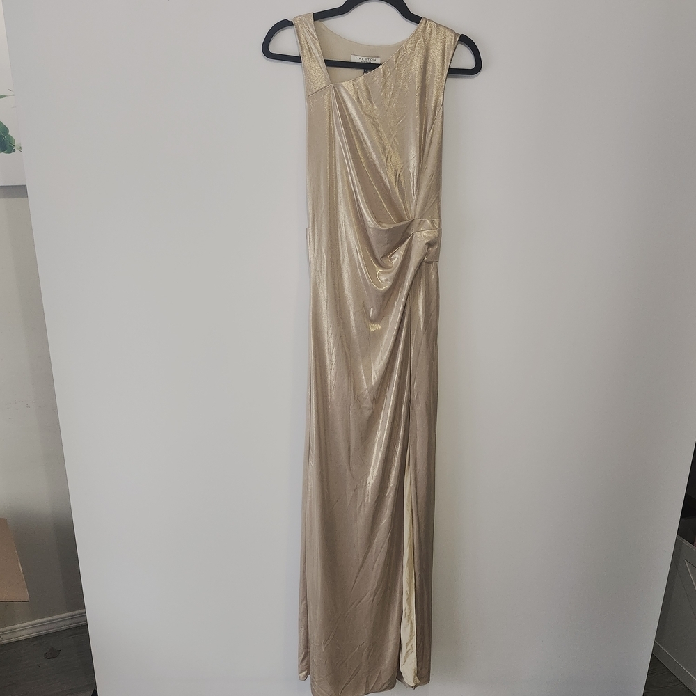 NWT Halston Heritage Gold Metallic Draped Gown Size Small